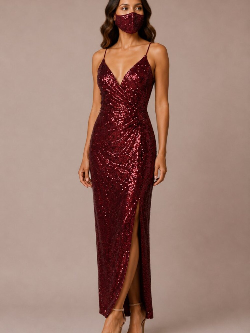 B. Smart Burgundy Sequin Formal Gown Size 5/6 NWT With Matching Face Mask